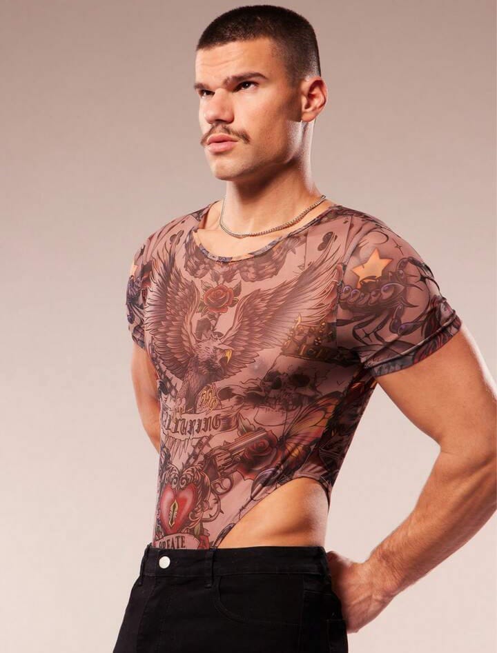 Men's Eagle Print Round Neck Short Sleeve High Cut Mesh Bodysuit